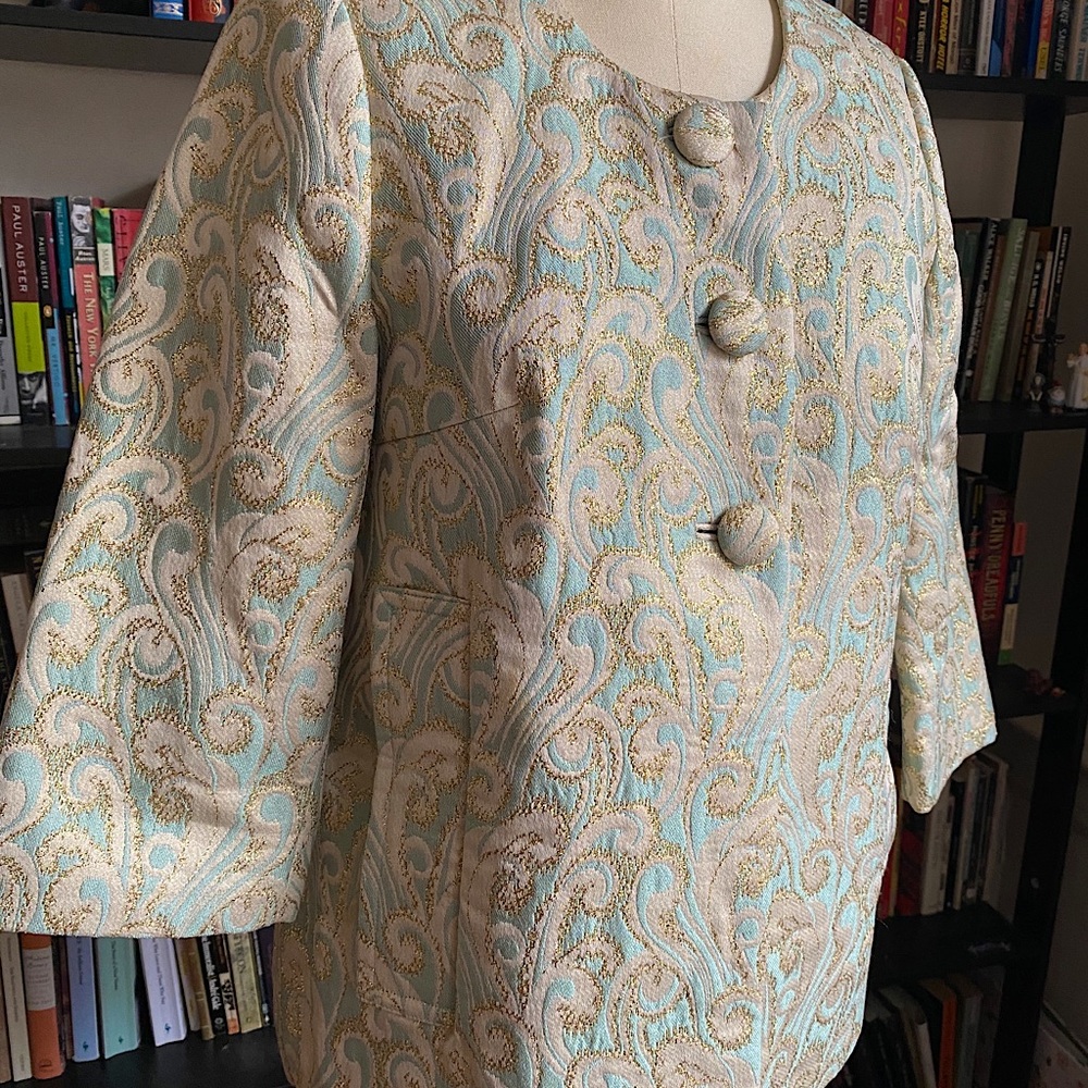 H&M gold & aquamarine brocade swing jacket